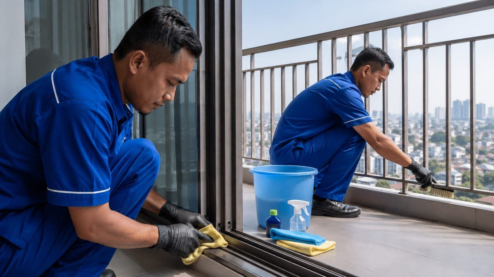 Petugas kebersihan membersihkan rel pintu geser balkon apartemen dengan sikat dan lap