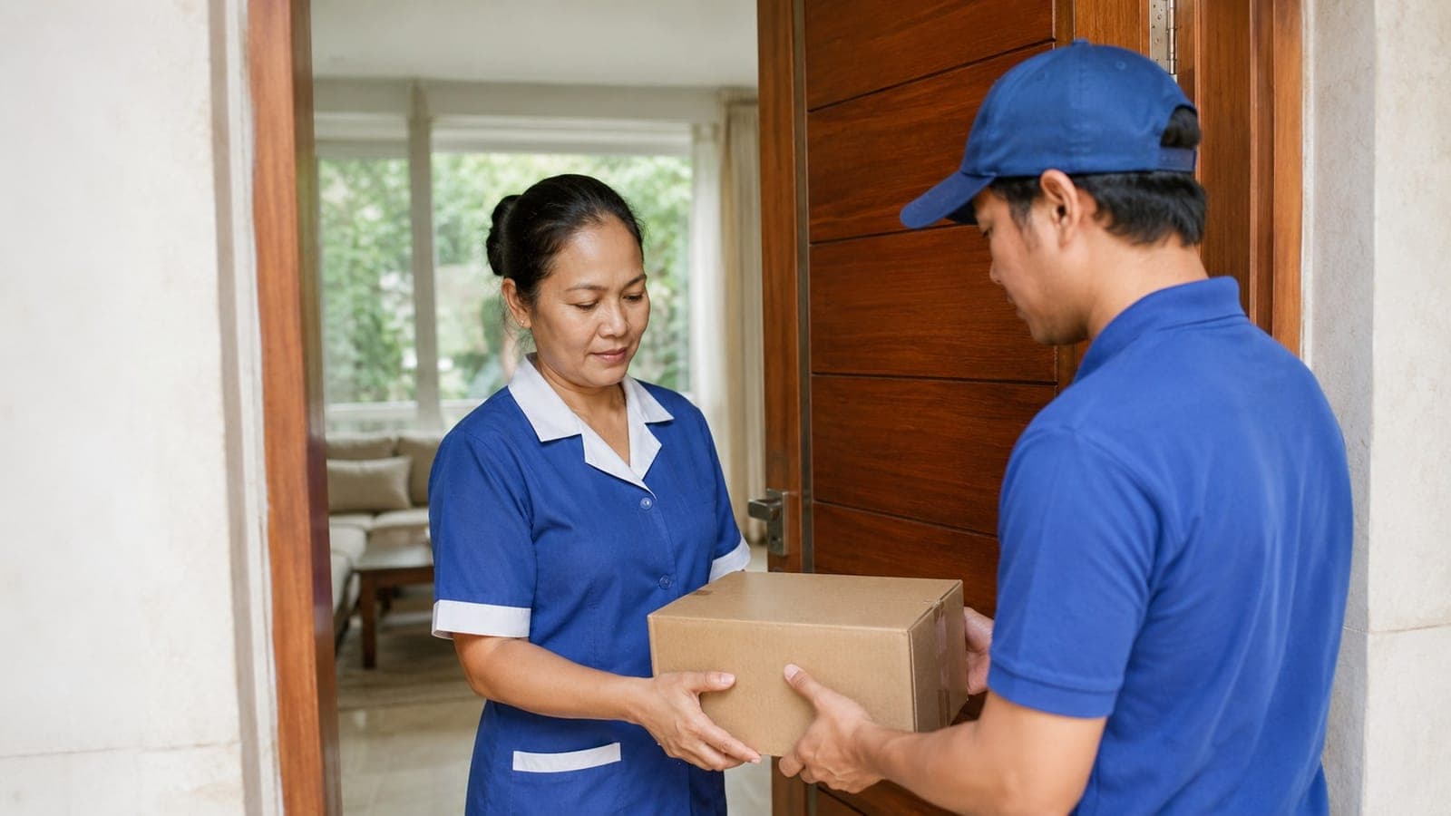 ART menerima paket dari kurir di depan pintu rumah