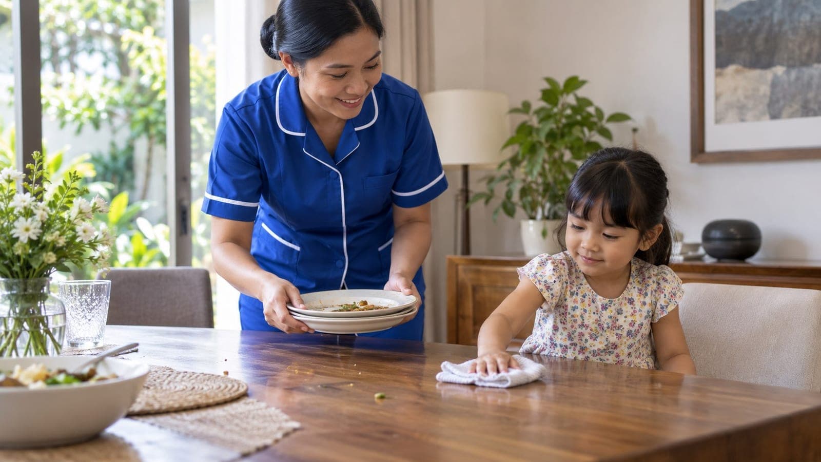 Nanny STKI membawa piring sementara anak perempuan mengelap meja makan