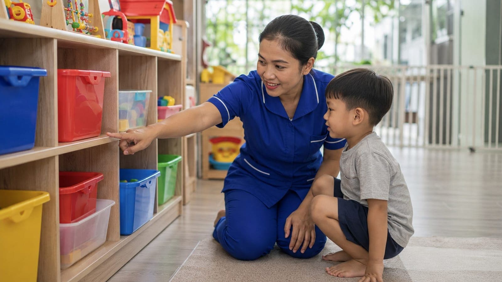 Nanny menunjukkan kotak mainan berwarna di rak rendah kepada anak laki-laki