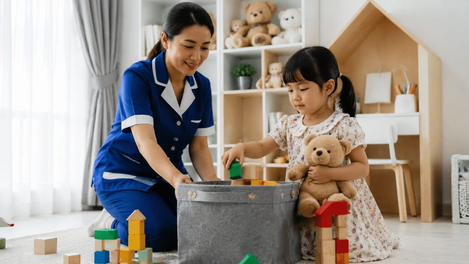 Nanny STKI dan anak perempuan memasukkan mainan balok ke keranjang penyimpanan