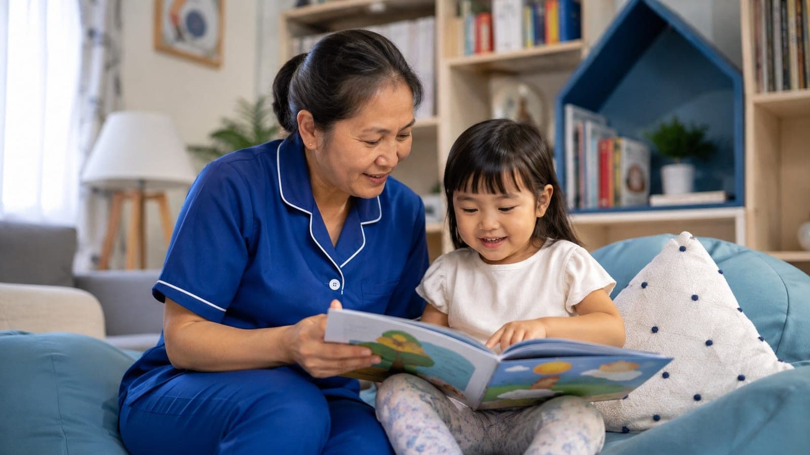 Nanny STKI membacakan buku cerita bergambar kepada anak perempuan di sofa