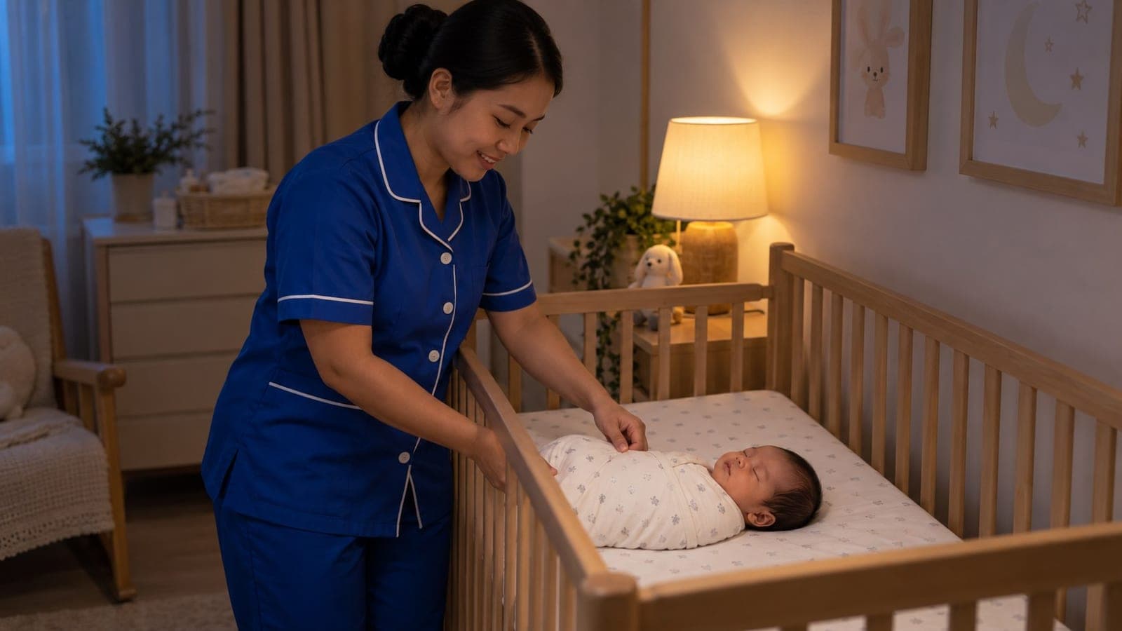 Baby sitter STKI menidurkan bayi baru lahir yang dibedong di dalam boks bayi