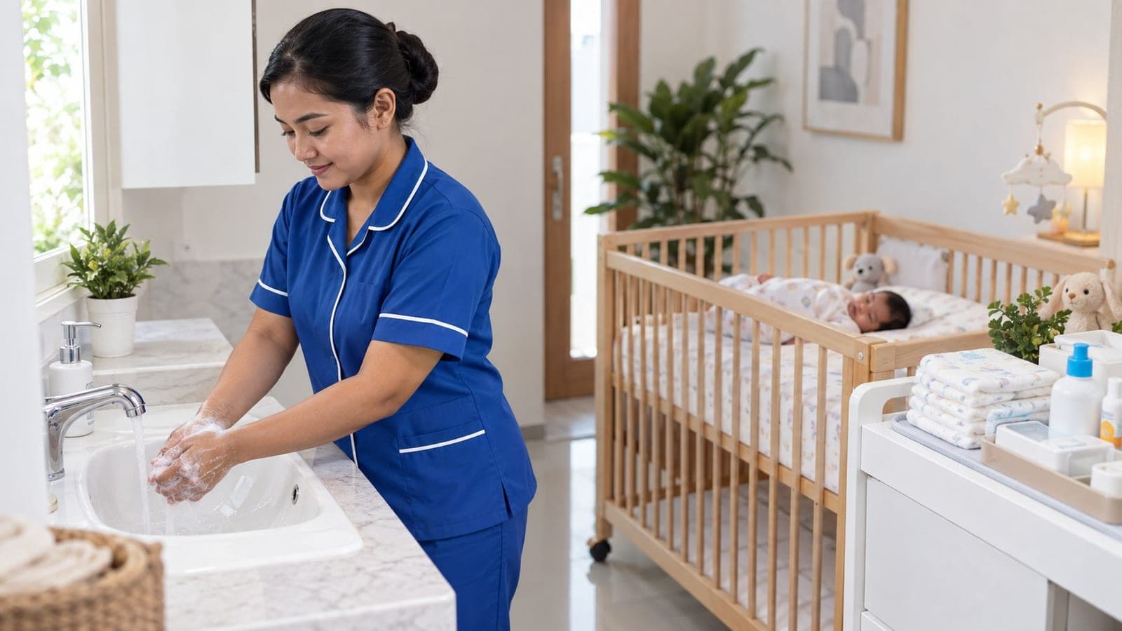 Baby sitter STKI mencuci tangan dengan sabun di wastafel sebelum merawat bayi di boks