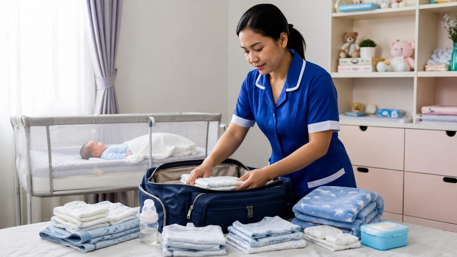Baby sitter STKI menata perlengkapan bayi ke dalam tas sebelum bepergian