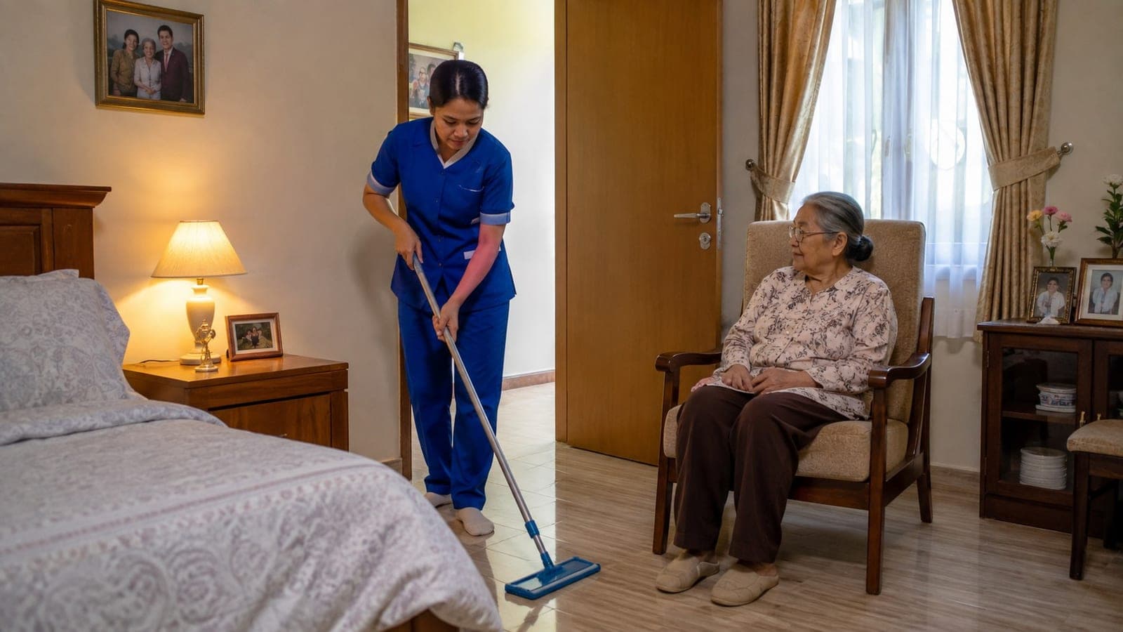 Pendamping lansia STKI mengepel lantai kamar tidur sementara nenek duduk di kursi