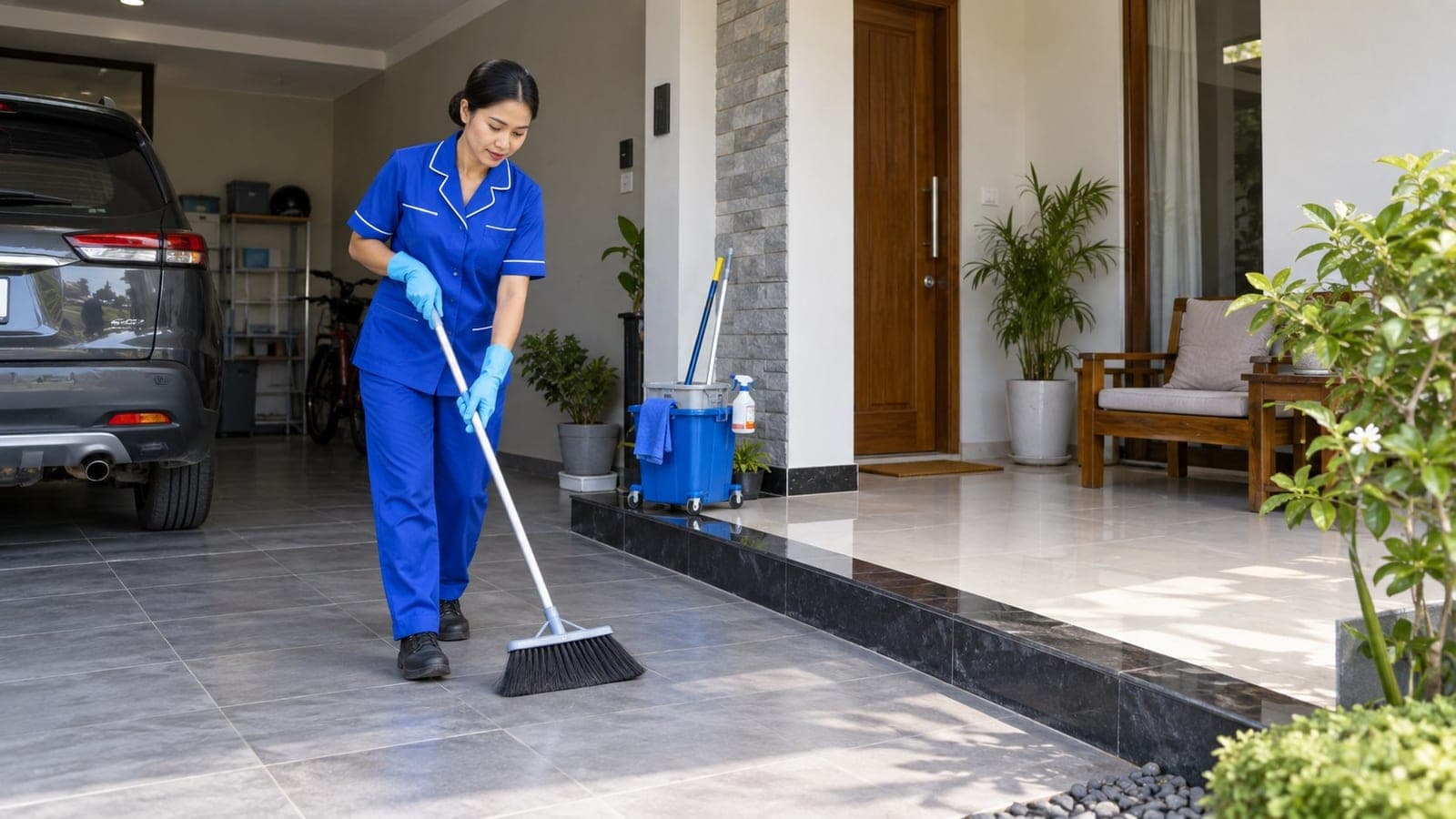 Asisten rumah tangga menyapu lantai garasi dan teras rumah dengan sarung tangan biru