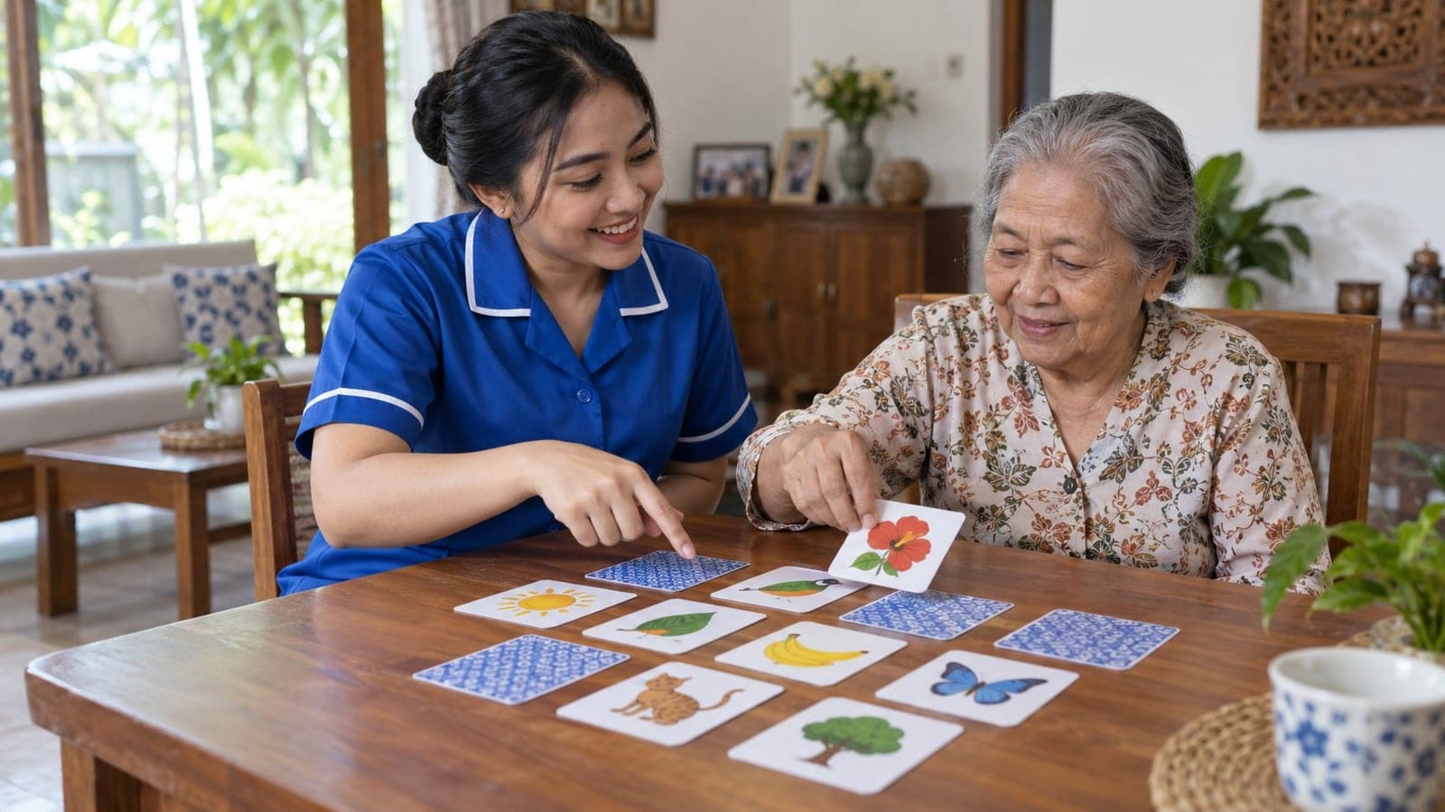Caregiver STKI bermain kartu gambar bersama seorang nenek di meja kayu