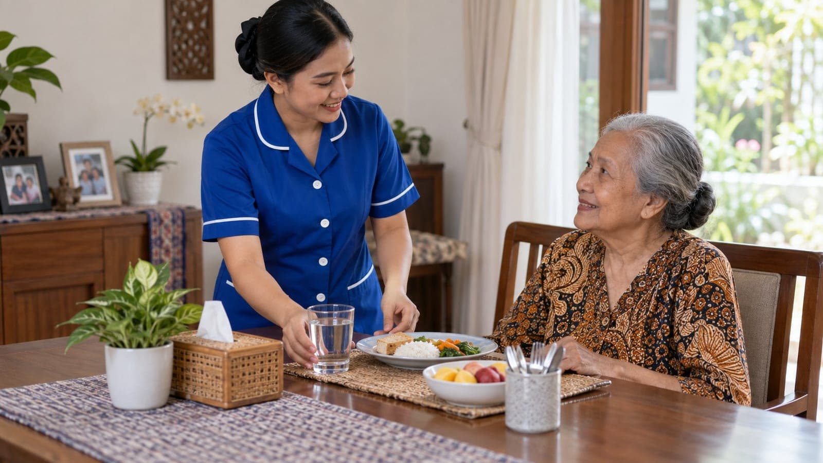Caregiver STKI menyajikan makanan sehat dan segelas air untuk seorang nenek di meja makan
