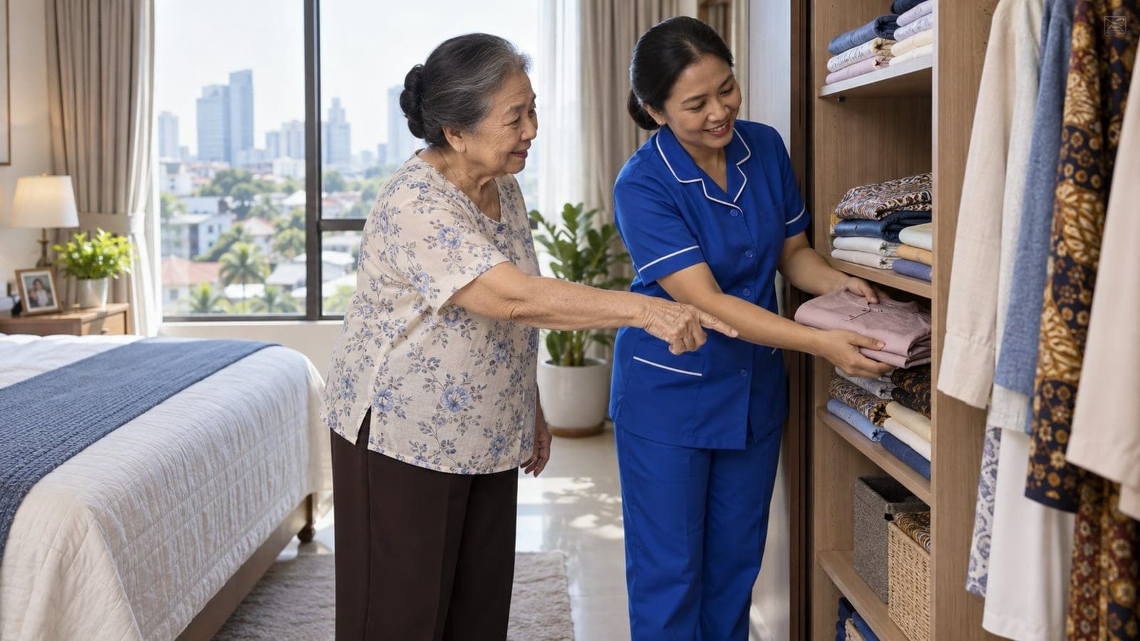 Caregiver STKI membantu seorang nenek memilih pakaian dari lemari
