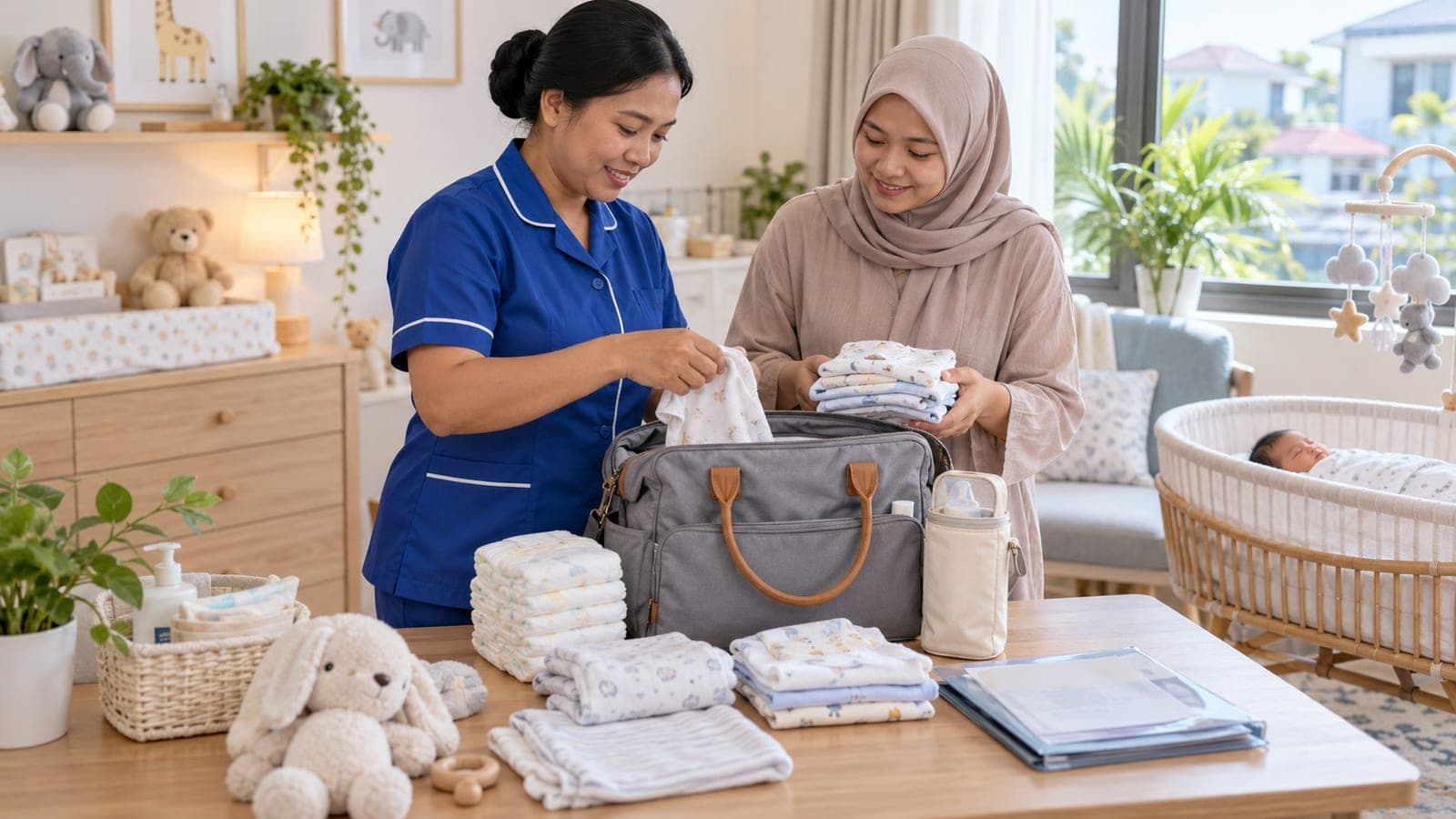 Baby sitter STKI dan seorang ibu menyiapkan tas perlengkapan bayi untuk kontrol ke dokter