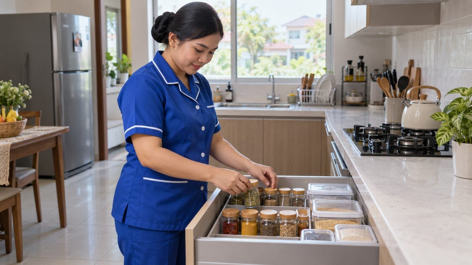 ART STKI menata toples bumbu di dalam laci dapur